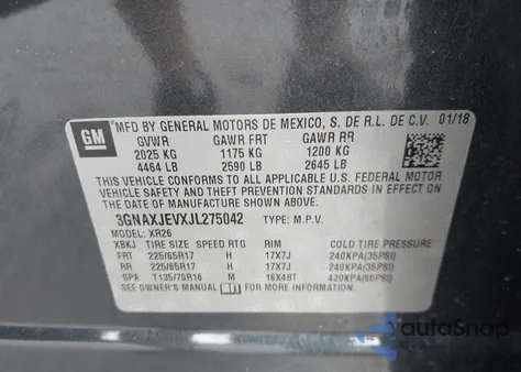 2018 Chevrolet Equinox Lt z USA, uszkodzony, nr VIN 3GNAXJEVXJL275042